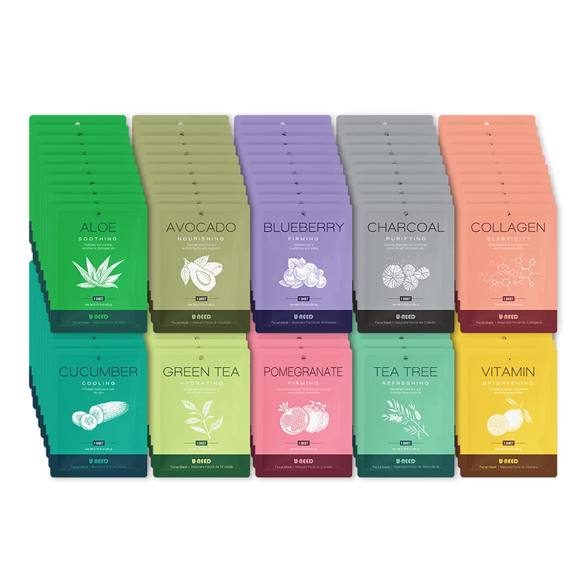 100 pcs Korean Face Sheet Mask (10 Types x 10 pcs) Natural Facial Mask Sheet | Tencel | Skin Care | Made in Korea | Moisturizing & Tightening | Pigment Balancing