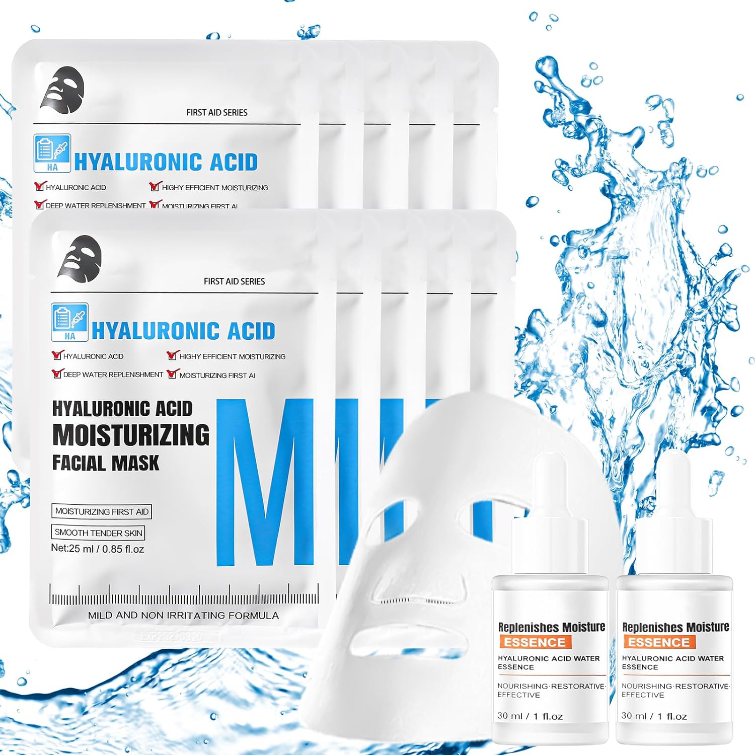 10pcs Korean Face Masks & 2 Bottle *25 ml Hyaluronic Acid Essence Water, Work Well with Hydrating Face Mask for Skin Care, Get Double Hydration Effects